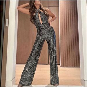 Anthropologie Black Sequin Halter Jumpsuit